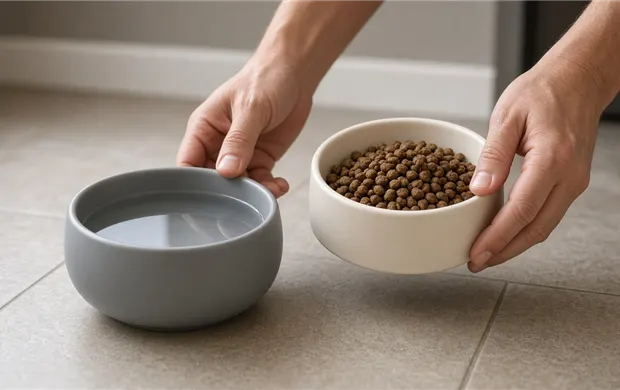 Caregiver preparing a feeding bag on the desk counter before a home visit