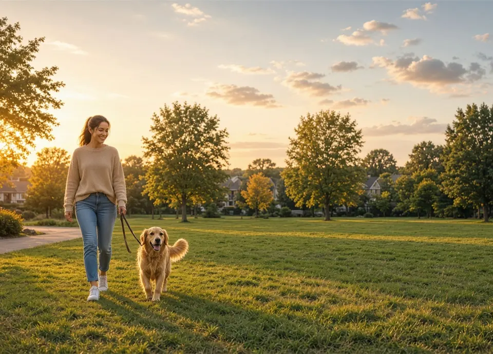 Wide park path with a dog walker above open grass and trees