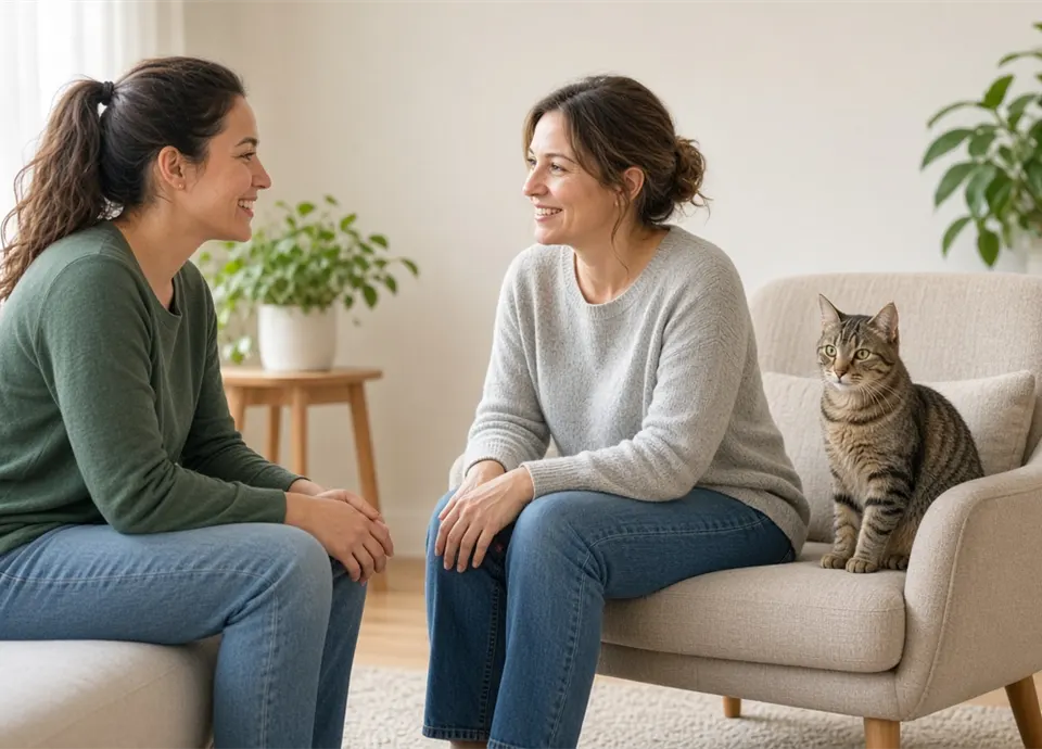 Specialist reviewing a sitting note with an owner at the care desk