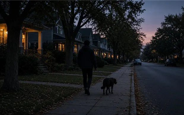 Caregiver with a flashlight on an evening home visit with a cat