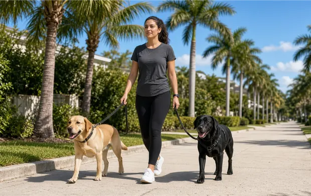 Two dogs on a leafy park path during a morning walk