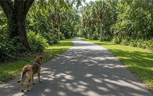 Dog walkers approaching a neighborhood park on a weekend loop