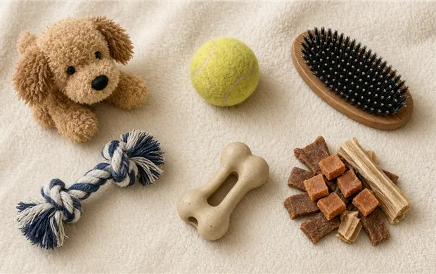 Feeding bowls, treats, and home-visit keys laid out on a kitchen cloth