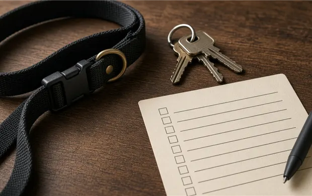 Dog leash, feeding bowls, and house keys on a wooden bench