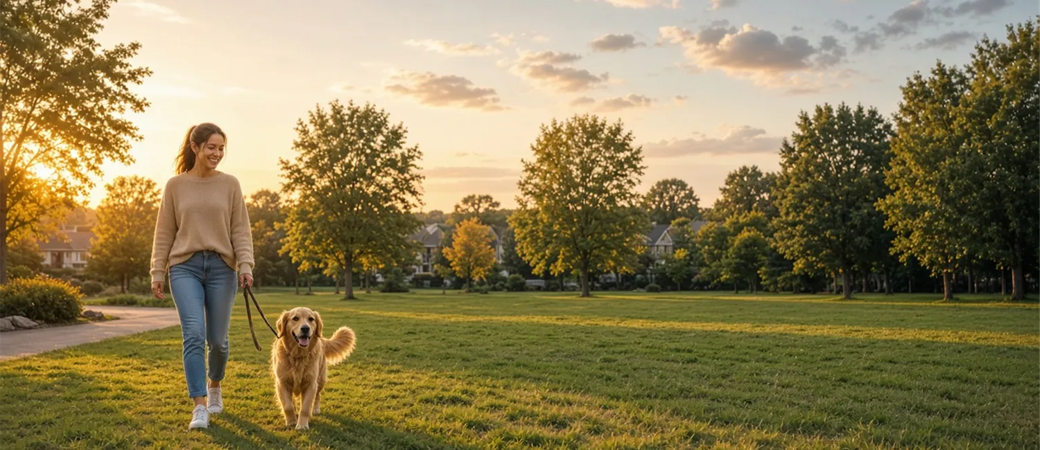 Dog walker and pets at golden hour in a neighborhood park